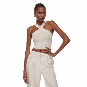 Aritzia Babaton Khaki Tan Ribbed Sculpt Knit Criss Cross Crop Top size XS